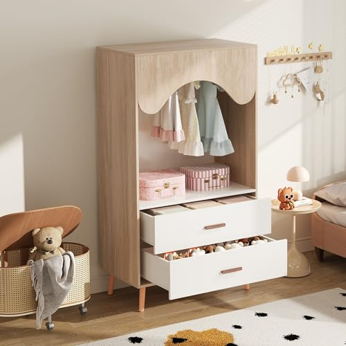 Kebnor Kinderkleiderschrank, Kleiderschrank mit Kleiderstange, mit Schubladen, offener Kleiderschrank, Vollholzgriffen, aus Spanplatte, weiß+natürliches Holz, 80×46×141,5cm