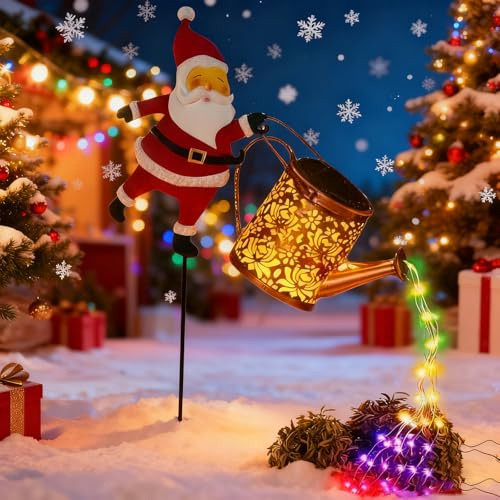 Christmas Solar Kettle Lights, Garden Lawn Watering Can Decorative Light, Hanging Solar Santa Claus Watering Can with Lights, Vintage Waterproof Outdoor Lamp Decor for Holiday Pathway (Colorful)