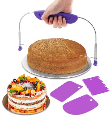9-Level Cake Leveler and 3 Cake Scrapers Set, Adjustable Cakes Leveler Cutter, Stainless Steel Wire & Plastic Cakes Slicer for Wedding Birthday Leveling and Molding(COLOR:Purple)