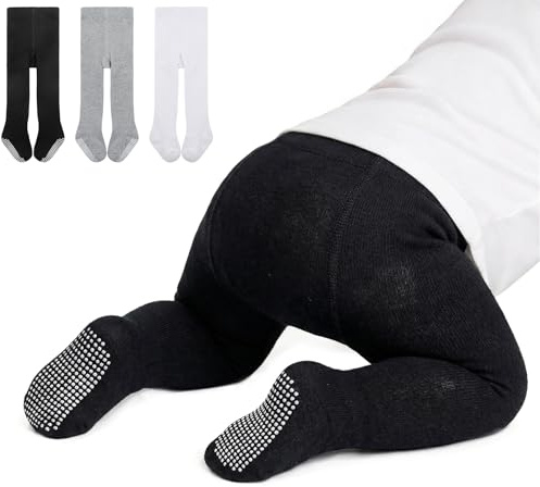 Zando 3 Pack Baby Tights Girl Infant Stockings Black White Grey 6-12 Mouths | Cable knit baby girl tights with grips, cotton seamless warmth, full-footed for crawling, walking, christening & winter.