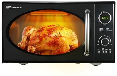 Emerson MWRG0901BK-A 0.9 Cu. Ft. Retro Microwave with 1,000W Grill Function, 800W Cooking Power, LED Display, 5 Power Levels, 8 Auto Menus, Glass Turntable, Child Lock, Black Countertop Design