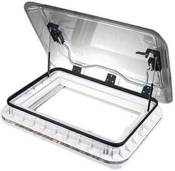 CR-MOESANCO Claraboya Extra Vent 70 x 50 para Caravana y Autocaravana con LED, Tirador de Aluminio, Cúpula Gris Claro Transparente Doble Acristalamiento, Marco Blanco