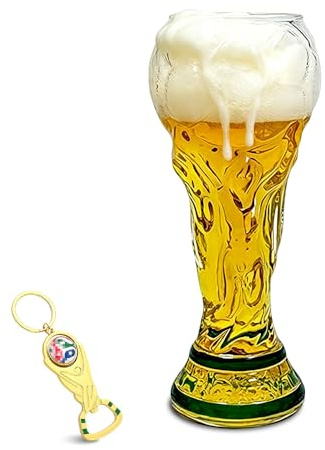 KUWUNG Trophy Style 500ML Beer Glass, Football Shaped Glass Mug with Football Bottle Opener, Large Beer Mug for Parties, Celebrations & Fans, Gift for Dads and Enthusiasts (Transparent Version)