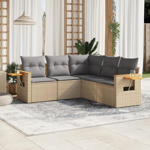GeenYuu 5-TLG. Garten-Sofagarnitur mit Kissen Beige Poly Rattan, wetterfestes Lounge-Set aus Rattan und Holz, verstellbare Füße, Stauraum, ideal für Terrasse, Balkon und Outdoor-Bereich