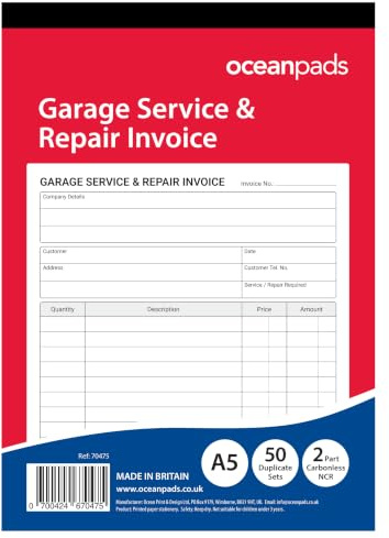 Garage Service & Repair Invoice Book A5 | Duplicate NCR | 50 Sets – Ocean Pads (70475) | For garages, workshops & mechanics. Record repairs, labour, materials, MOT details & customer information.