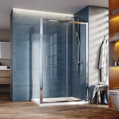 SONNI Duschkabine mit Schiebetür und Seitenwand, 5mm ESG-Glas, 140x90x185cm | Mit rahmenloser Seitenwand, silber eloxiertem Doppelprofil, leichtgängigem Schiebesystem und Edelstahlgriff