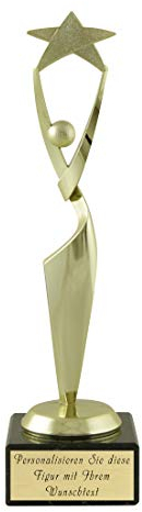 Pokalmatador Siegerfigur Stern Pokal - 21 cm - Ideal als personalisiertes Geschenk – Wunschtext auf Aluschild - Siegertrophäe | Ehrenpreis – schwarzer Marmorsockel
