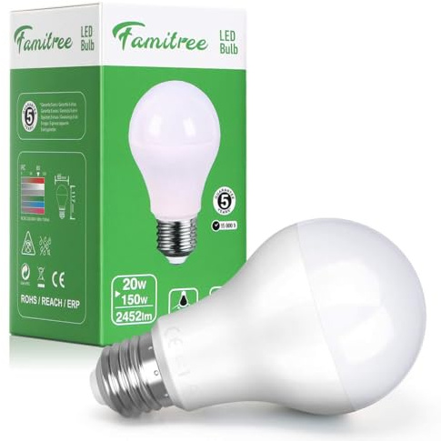 Famitree E27 LED Lampe, 20W ersetzt 150W Glühbirne, 4000K Tageslicht, 2452lm Super Hell, Edison E27 Birne, für Küche, Wohnzimmer, Werkstatt, Kein Geräusch, CRI > 80, Nicht dimmbar (1 Stück)