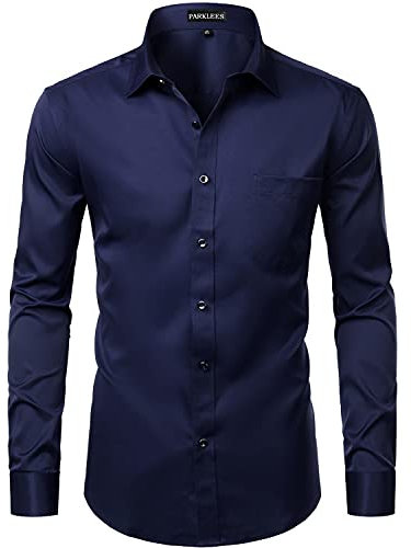 PARKLEES Men's Slim Fit Formal Long Sleeve Casual Business Party Dress Shirts with Chest Pocket Navy L