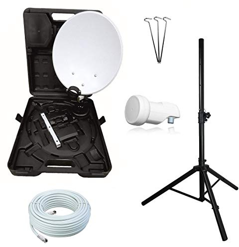 netshop 25 Camping SAT Koffer Schüssel mit HD Single LNB und 10m Kabel + Dreibein Stativ bis 100cm (Mobile Sat Anlage 1 Teilnehmer) Set