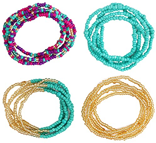 SwirlColor Perle Taille Africaine pour Femmes Fille Élastique Sexy Corps Taille Perles Kit Coloré Été Bikini Ventre Corps Chaîne Bijoux 4 Pièces