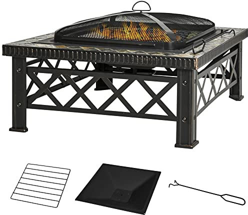 Outsunny Brasero Exterior Calentador de Fuego 76x76x47 cm Multifuncional 3 en 1 Cuadrada Cubo de Hielo para Calefacción Barbacoa Terraza Jardín Negro