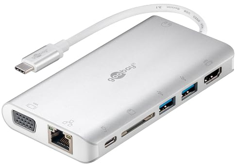 Goobay 49850 USB C Hub Multiport Verteiler 9 Ports HDMI/VGA/USB C PD / 2X USB 3.0 / RJ45 / 3,5 mm Audio/SD & microSD Kartenleser/Aluminium