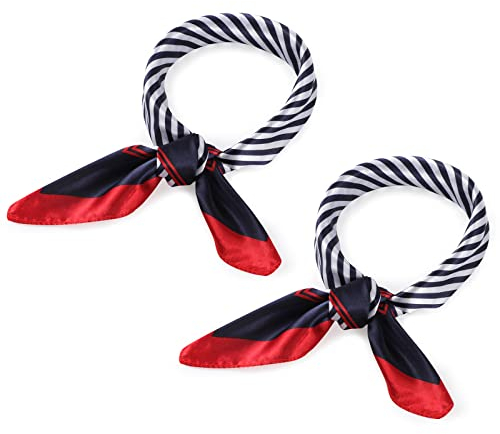 SATINIOR 2 Nautische Quadratische Imitierte Seidenschals Rot Weiß Blau Schals Damen Matrosen Halstücher (Klassisch Stil, 50 x 50 cm)