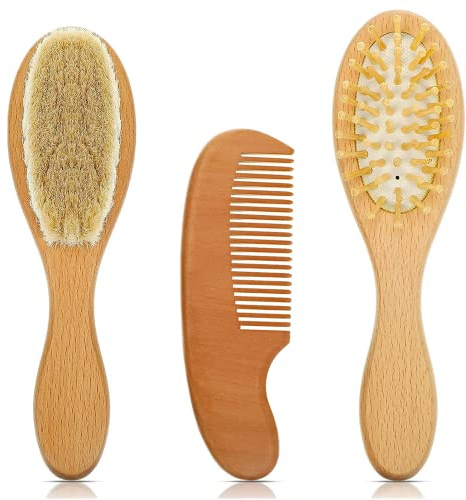3 Stück Baby Haarbürste & Kamm Set, Säuglinge und Kleinkinder Natürliche Holzhaarbürste mit weichen Ziegenborsten für Wiegenkappe und Massage, Babyparty und Kopfhautpflege