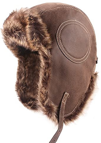 JowTreex Unisex Fliegermütze Kunstleder Pilotmütze Winter Trapper Jagdmütze Fell gefüttert Ohrenklappe Wintermütze mit Kinnriemen, braun, 6 7/8