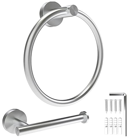 Silber Badezimmer Handtuchhalter und Toilettenpapierhalter, 2 Stück Handtuchring Handtuch Halter Klopapierhalter Wandmontage Badezimmer Accessoires SUS304 Edelstahl (Gebürstetes Neusilber)