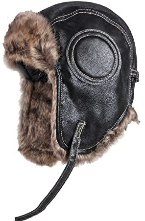Ciamlir Russische Mütze Herren Wintermützen Mit Ohrenklappen Leder Uschanka Trapper Russische Mütze Dicker Schnee Winddicht Kunstpelz Pilot Flieger Bombermütze Damen,Schwarz,56-60Cm