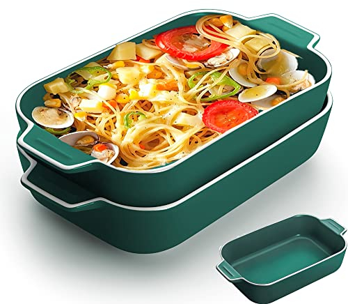 Plato para lasaña, 2 unidades de 9 x 5 pulgadas rectangulares de cerámica con asa, plato pequeño de color para hornear de horno a mesa, ideal para horno, sartén de cerámica para lasaña (verde)