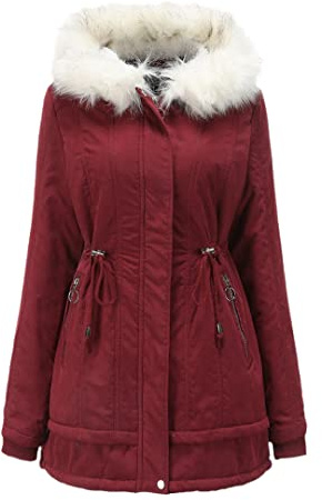 Rot Schwarz mit Fellmütze, dicke warme Damen-Winter-Reißverschluss, Bomberjacke, gepolstert, übergroße Jacke, TT70 5, 48