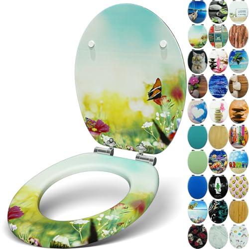Sanfino® Premium Abattant WC en bois avec frein de chute, qualité supérieure, nombreux motifs colorés, confortable, installation facile, notice de montage incluse – Butterfy Meadow