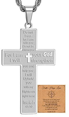 HSWYFCJY Bible Verse Cross Necklace for Men, Isaiah 41:10 Sliver Cross Necklace for Baptism, Confirmation, First Holy Communion, Christening, Christian Gifts for Men, Father's Day Gifts