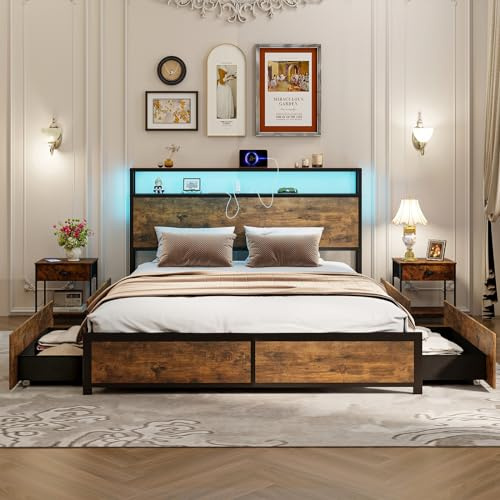 RELAX4LIFE 5FT King Size Bed Frame w/ LED Lights，4 Rolling Drawers，Charging Station，Slatted Support Bed Base，Industrial Metal Double Platform Bed Adults & Teenagers，No Box Spring Needed (RE10375GB-K)