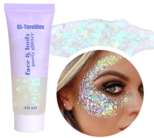 Chunky Glitter Gel Glitter Body Gel Festival Kosmetik Gesicht Haare Nägel Make-up Meerjungfrau Pailletten Flüssiger Lidschatten Langanhaltend funkelnd（#6 Weiß）
