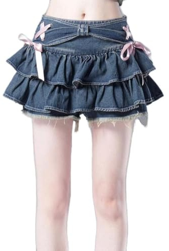 Minigonna Plissettata con Orlo Arricciato Stile Y2K da Donna, in Jeans Blu - Set Top Bustier in Denim, Gonna., S