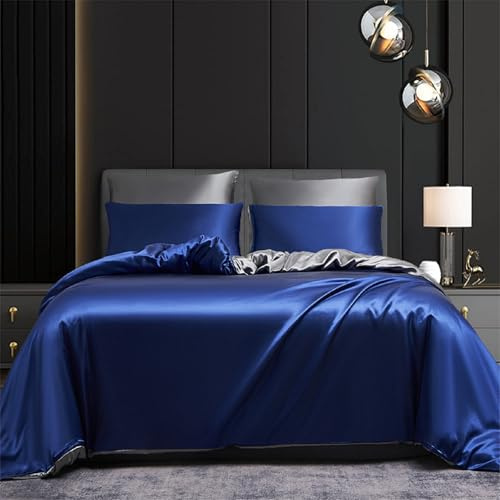 Gezu Copripiumino in raso 200 x 200 blu zaffiro blu scuro grigio tinta unita double face con 2 federe 65 x 65 cm, 2 persone, raso, set di biancheria da letto moderno tinta unita con cerniera