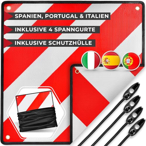 ATHELON® 3in1 Warntafel für Italien, Spanien & Portugal - Reflektierendes Warnschild inklusive 4X Spanngurte & Schutzhülle - Hochwertige Warntafel Italien für Fahrradträger & Wohnmobil