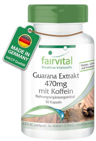 Fairvital | Guarana Extrakt 470mg mit Koffein - 90 Kapseln - für 3 Monate - qualitätsgeprüft und hochdosiert - 100% vegan - Made in Germany