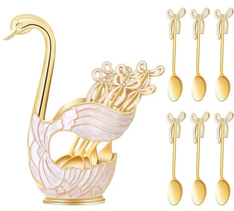 CAIRIAC Coffee Dessert Spoon Set With Swan Base Holder, 6-Piece for Fruits, Exquisite Small Spoon Gift for Dessert Enthusiasts (Gold)