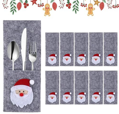 10pcs Tischdeko Weihnachten,Bestecktasche Weihnachten,Weihnachten Tischdeko Bestecktasche,Besteckhalter Weihnachten Filz,Weihnachtsbaum Besteckhalter,Weihnachtstischsets