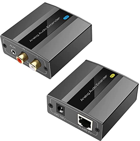 Desikixudy Extender audio analogico RCA 3,5 mm stereo tramite Ethernet, cavo singolo Cat5E/6/7 a convertitore audio da 500 m, spina EU