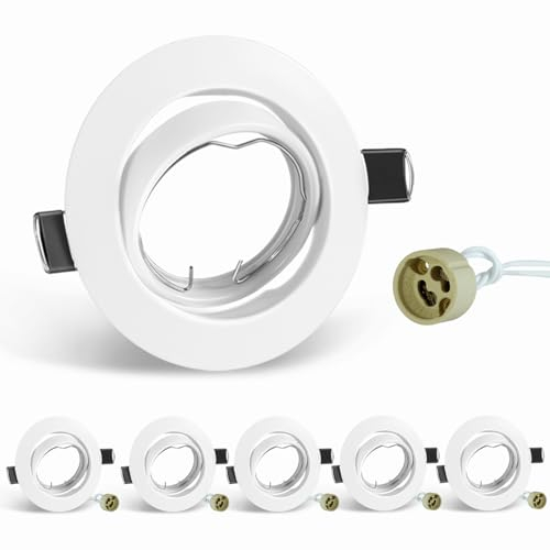 SCNNC Recessed Ceiling Light Mounting Frame with GU10 Lamp Holder, White Metal Round Recessed Spotlights Trim Ring Fitting GU10 Downlight Frame for Bathrooms Kitchen 50mm Bulb, Pack of 6