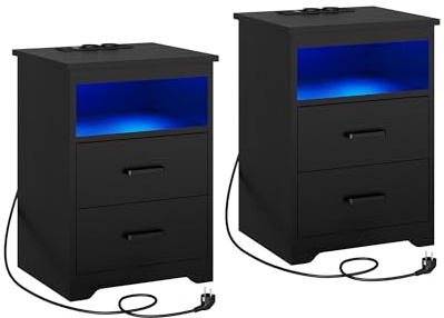 KIMENICH Nachttisch mit LED-Beleuchtung，Nachtschrank mit Ladestation，USB-Anschlüssen，2 Schubladen，Sofatisch, für Schlafzimmer, Wohnzimmer (2, Schwarz)