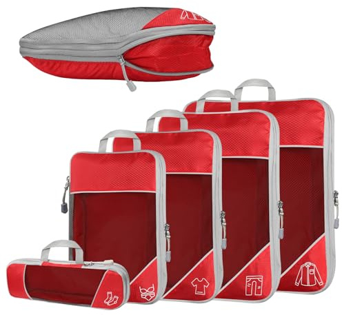 Desoto 5-teilig Kompressions Packwürfel Set für Reisen, Ultraleichte, Rot | Compression Packing Cube zur Organisation Ihres Reisegepäcks, für Rucksack & Koffer, Aufbewahrungstasche, Koffer-Organizer