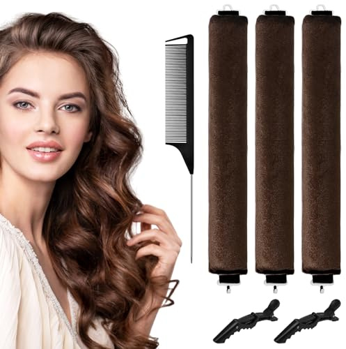 WuGU 3Pcs Rizador de Pelo Sin Calor, Rizadores de Ondas Para Dormir, Rulos Pelo Nocturnos, DIY Rizos Sin Calor Flexibles con Gancho y 2 Clips, para Rizos Rizados, Cortos o Lisos (Marrón)