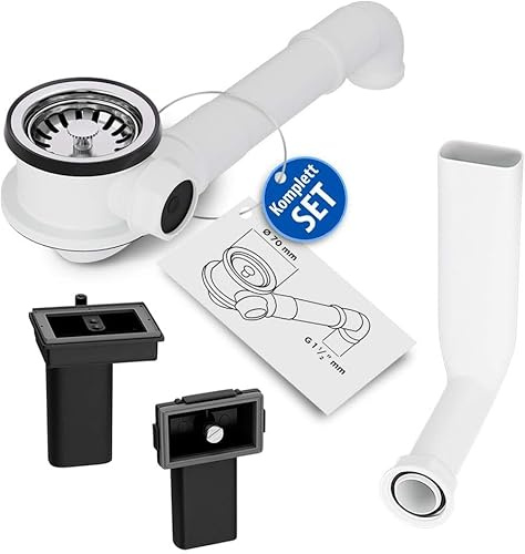 Aquade Siebkorbventil 70mm - Siebkorb Spüle - Siphon Spüle - Sifon Spüle Set Für Küche - Spülbecken Abfluss - Modell: Raumschaffer + Abtropfüberlauf und Standard Überlauf