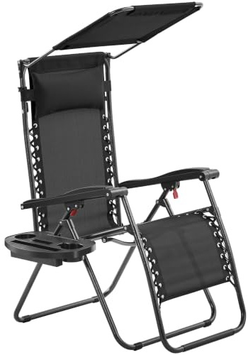 Yaheetech 1pcs Zero Gravity Chair with Sunshade & Side Tray, Black | Wide Folding Patio Recliner Set | Convenient Carry Strap & Soft Pillow & Cupholder | For Poolside Backyard and Beach