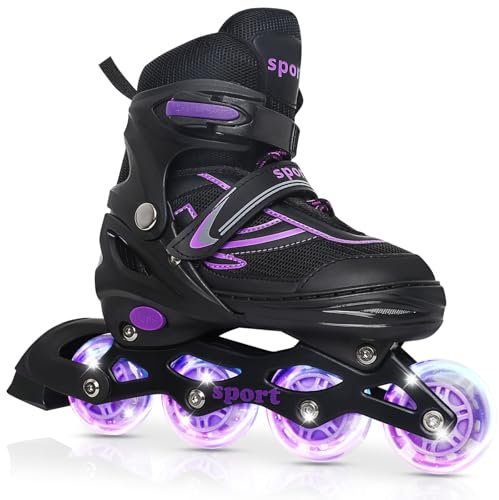 LOKJIJI Einstellbare Inline Skates für Kinder Mädchen Jungen Anfänger, Inline Skates mit Light Up Räder für Kinder und Jugendliche für drinnen draußen Sport Schwarz & Violett (Large)