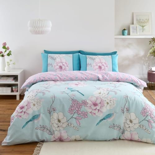 LIZZIE JACOBS Gabby Bettbezug-Set mit Blumenvögeln, bedruckt, pflegeleicht, weiche Bettbezüge, wendbar, mit Kissenbezügen (King-Size)