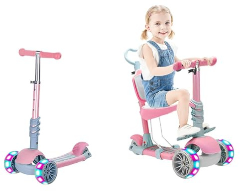 5-in-1 Kinder Roller Scooter mit Abnehmbarem Sitz, 3 PU Leuchtenden Räder, 4 Verstellbaren Höhen, Leicht zu Lenken, Bequeme Rückenlehne, Faltbarer Kinderroller für Mädchen Jungen 3-6 Jahre