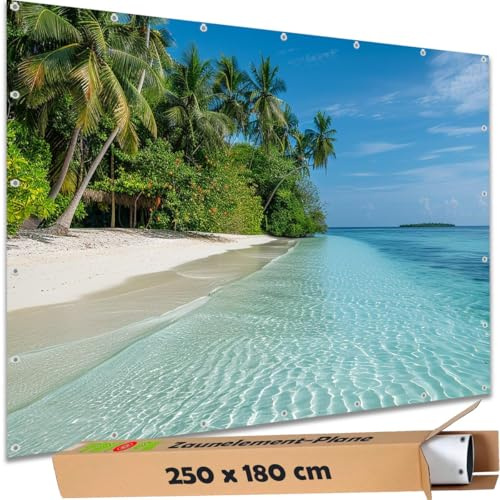 TRIOSK Sichtschutz Garten Deko Zaun Plane Blickdicht groß mit Zaunblende Motiv Malediven Palmen Strand Hütte für Zaunelement Doppelstabmatten Stabmattenzaun Gartenzaun PVC 250x180 cm