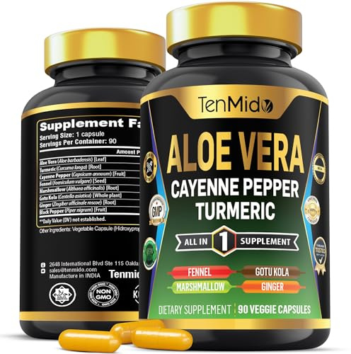 Tenmido Aloe Vera Capsules Supplement - 8in1 Formula - Combine with Turmeric, Cayenne Pepper, Marshmallow, Fennel, Gotu Kola, Ginger, and Black Pepper - 90 Capsules for 3 Months Supply
