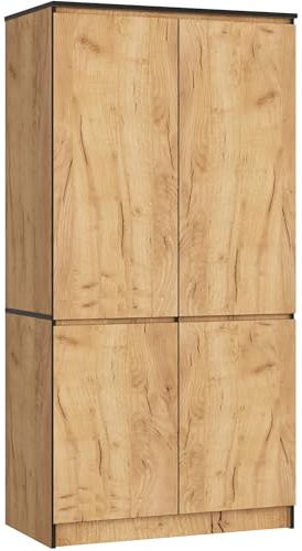 AKORD Armadio Guardaroba S90, 4 Ante, 4 Ripiani e Asta Appendiabiti, Mobile per Camera da Letto e Ufficio, Laminato, 90x51x180 cm, Rovere Craft