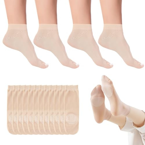ZMDMAH 12 paia di calzini da donna in nylon, Socquettes Fines en Nylon Transparentes alla caviglia, con soletta in cotone antiscivolo e punta rinforzata 20 den, per donne e ragazze