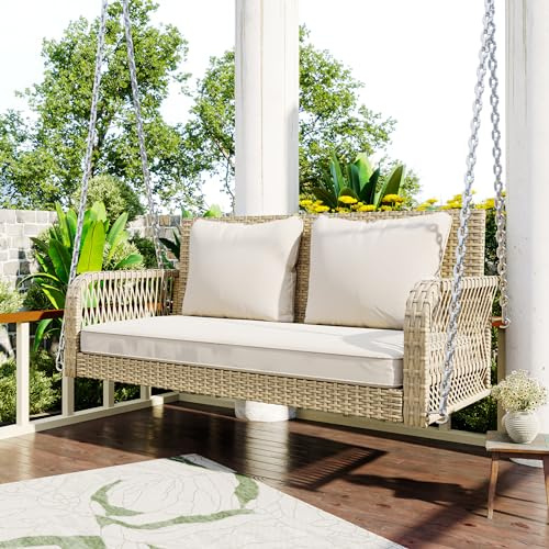 Gartenschaukel 2 Sitze, Hollywoodschaukel mit Sitzkissen und Rückenkissen, Hängeschaukel, Hängebank, für Garten Balkon Veranda, Abnehmbar und Waschbar, Beige