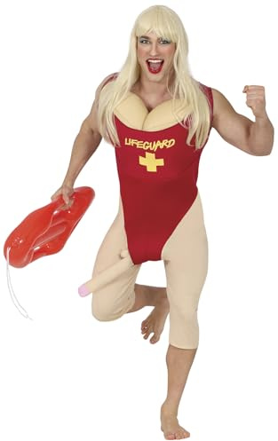 FIESTAS GUIRCA | Rettungsschwimmer Kostüm mit Scherz-Accessoire für Herren (52-54/L) – Overall, Brust und witziges Zubehör – Karneval, Sommerparty, Junggesellenabschied, Drinks – Rot Beige